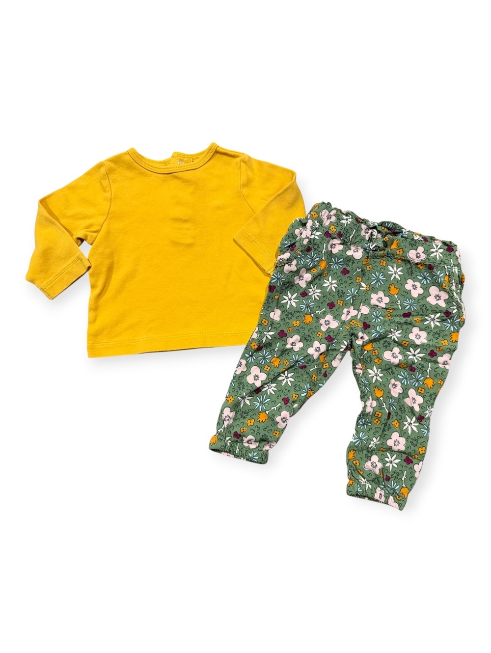 Little me Okie Dokie 6M Outfit Yellow Long Sleeve Top &Green Floral Pants
